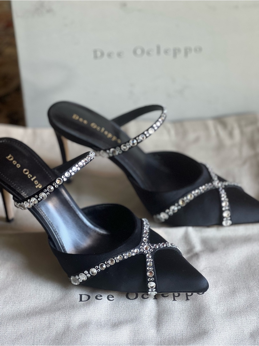 Dee Ocleppo Grenada Black Crystal-Strap Pointed Mules (worn for 1 hour)